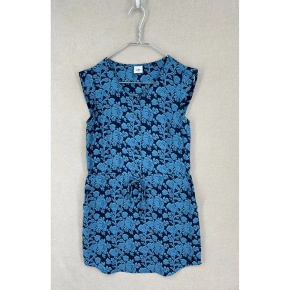 CAbi Dress S Blue Floral Java Tie Waist Button Up Short Pockets 5265 - Picture 2 of 9